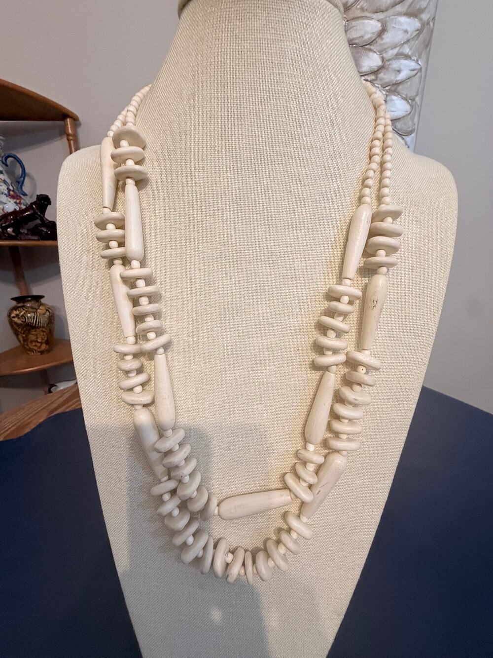 Vintage 26” Double Strand Wood Bead Claspless Necklace Boho